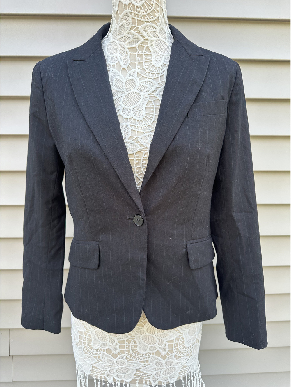 New York & Company Pinstripe Black Blazer Classic Professional Office